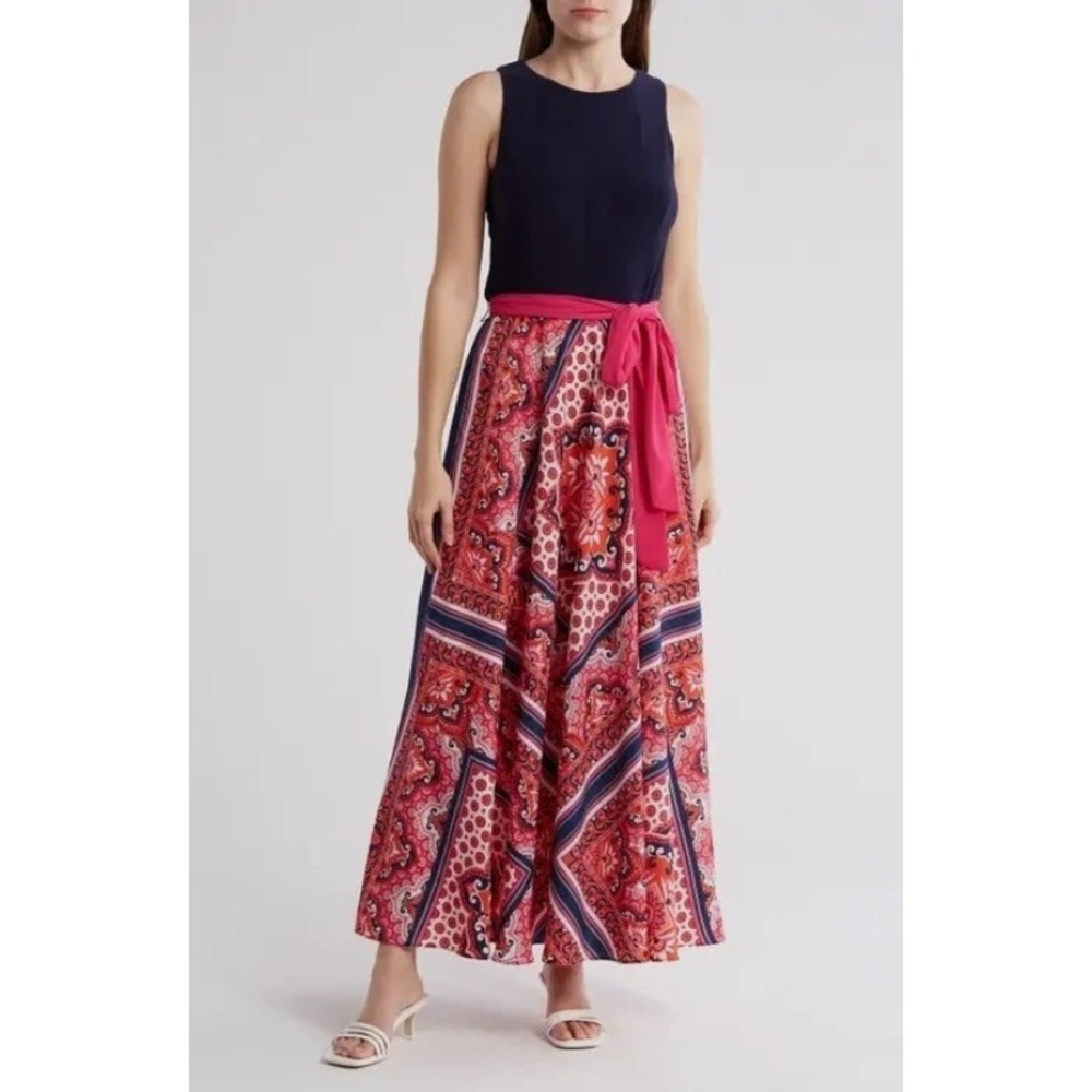 Eliza J Navy Bandana‎ Scarf Print Maxi Dress Tie Waist Boho Resort Size 12
